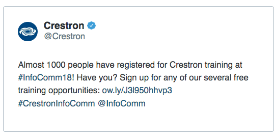 Crestron   @Crestron  Almost 1000 people have registered for Crestron training at #InfoComm18! Have you? Sign up for any of our several free training opportunities: ow.ly/J3l950hhvp3 #CrestronInfoComm @InfoComm