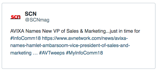 SCN  @SCNmag  AVIXA Names New VP of Sales & Marketing...just in time for #InfoComm18 https://www.avnetwork.com/news/avixa-names-hamlet-ambarsoom-vice-president-of-sales-and-marketing … #AVTweeps #MyInfoComm18