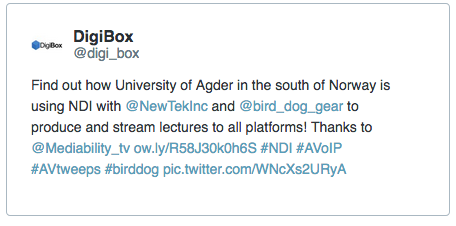 DigiBox @digi_box Find out how University of Agder in the south of Norway is using NDI with @NewTekInc and @bird_dog_gear to produce and stream lectures to all platforms! Thanks to @Mediability_tv ow.ly/R58J30k0h6S #NDI #AVoIP #AVtweeps #birddog pic.twitter.com/WNcXs2URyA