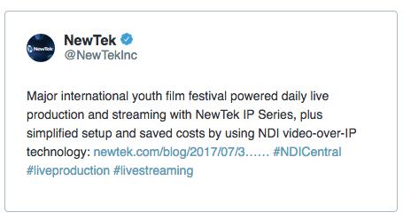 NewTek @NewTekInc Major international youth film festival powered daily live production and streaming with NewTek IP Series, plus simplified setup and saved costs by using NDI video-over-IP technology: newtek.com/blog/2017/07/3…… #NDICentral #liveproduction #livestreaming