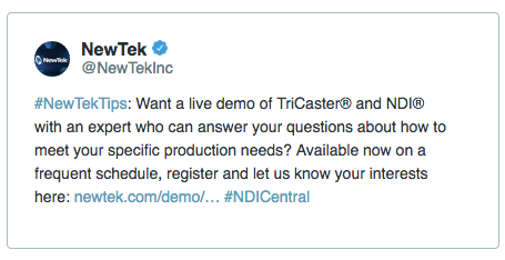 NewTek @NewTekInc #NewTekTips: Want a live demo of TriCaster® and NDI® with an expert who can answer your questions about how to meet your specific production needs? Available now on a frequent schedule, register and let us know your interests here: newtek.com/demo/… #NDICentral